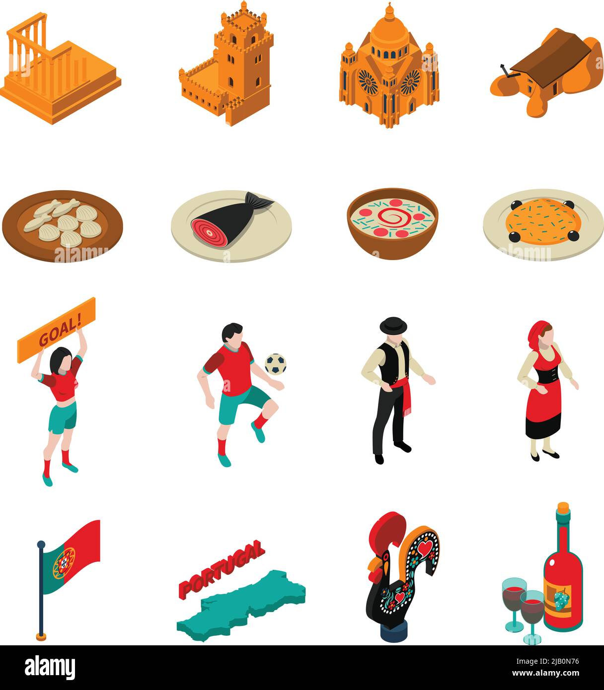 Touristic Portugal isometric icons set with football food and architecture symbols isolated vector illustration Stock Vector
