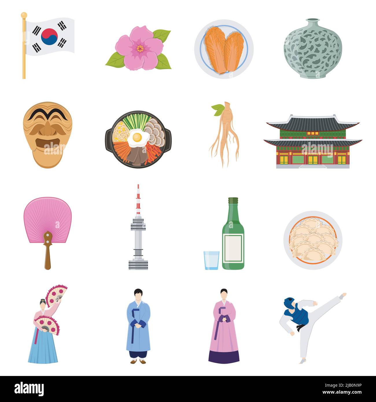 Korean cultural symbols flat icons collection with traditional cuisine clothing sports games and landmarks isolated vector illustration Stock Vector