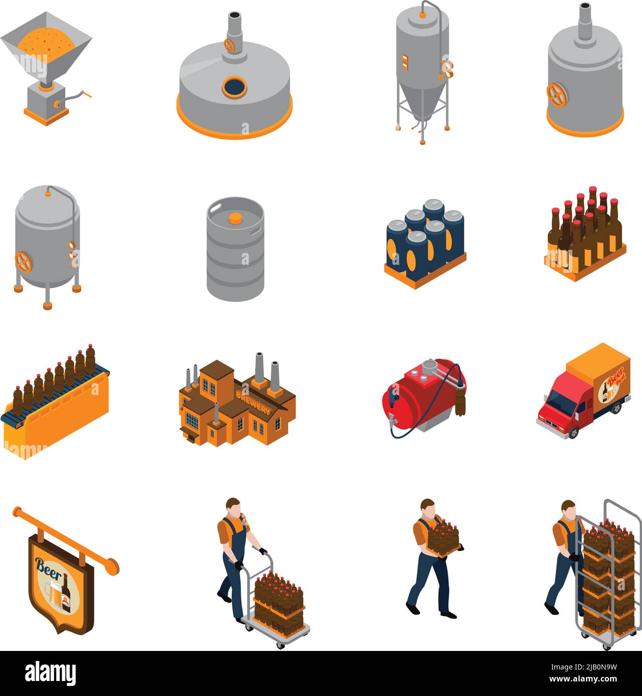 Brewery isometric icons set with beer production and distribution ...