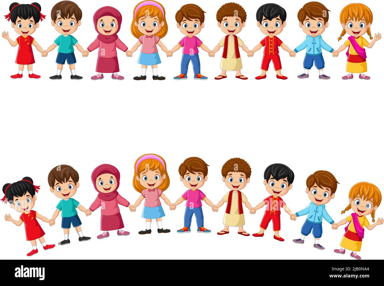 Cartoon group of multiethnic children holding hands Stock Vector