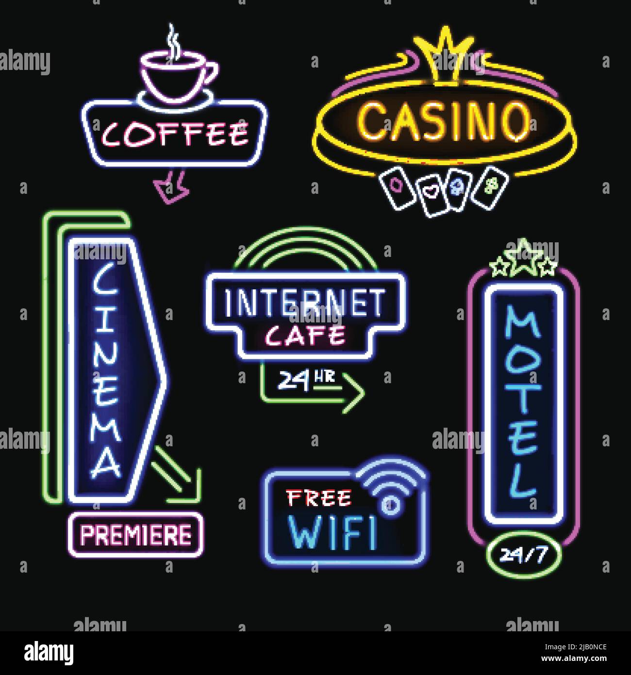 Neon hotel internet cafe cinema and casino signboards at night realistic icons collection isolated vector illustration Stock Vector