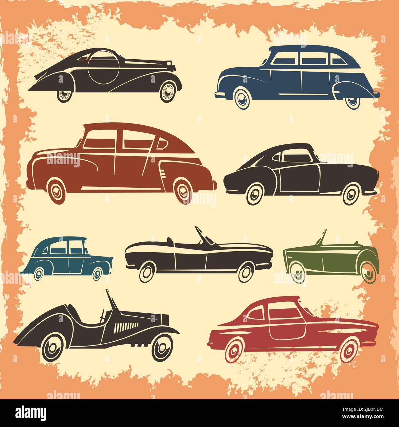 Retro car models collection with vintage style autos on aged background abstract vector illustration Stock Vector