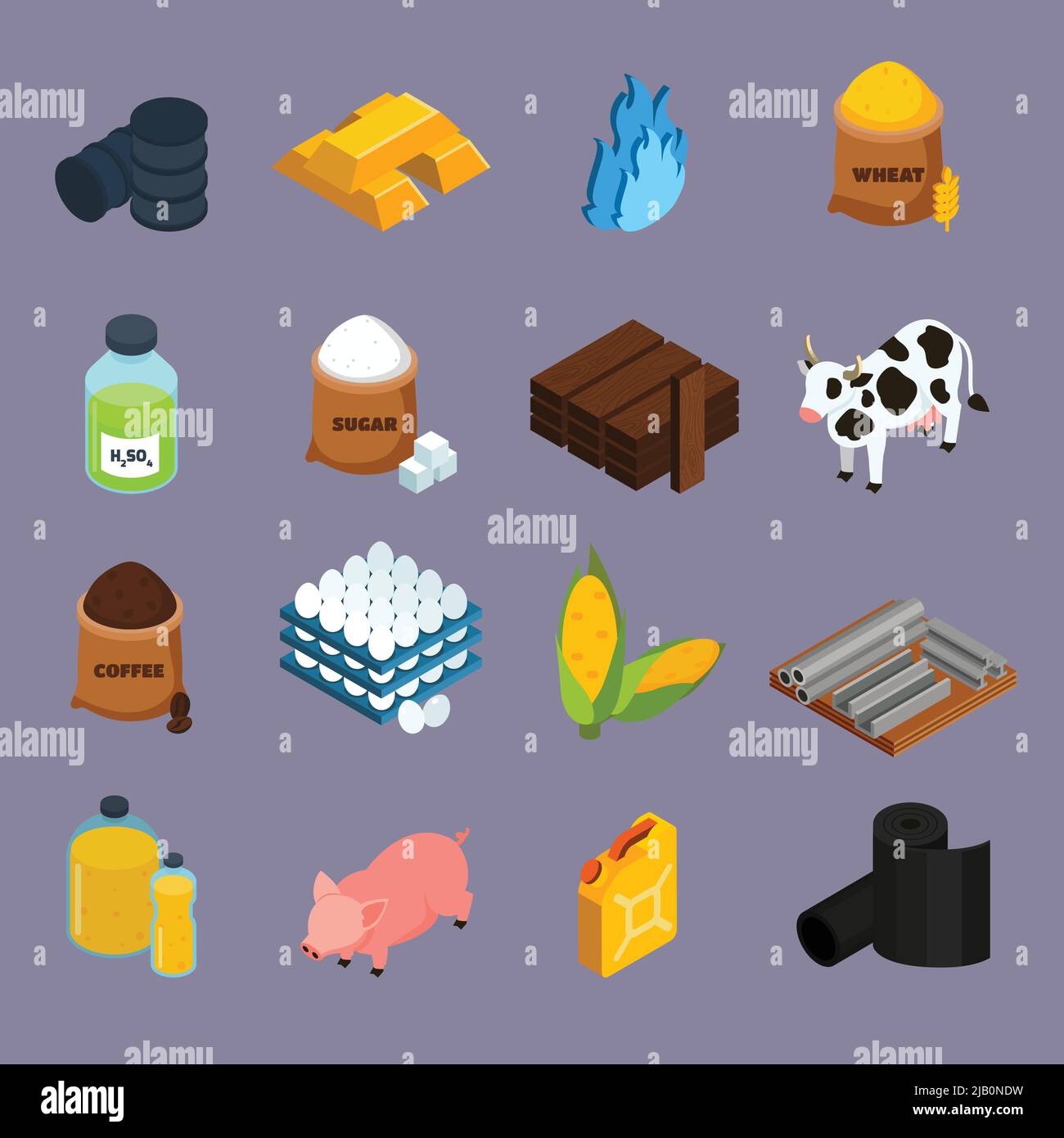 Commodity icons set with milk corn and gold symbols isometric isolated vector illustration Stock Vector