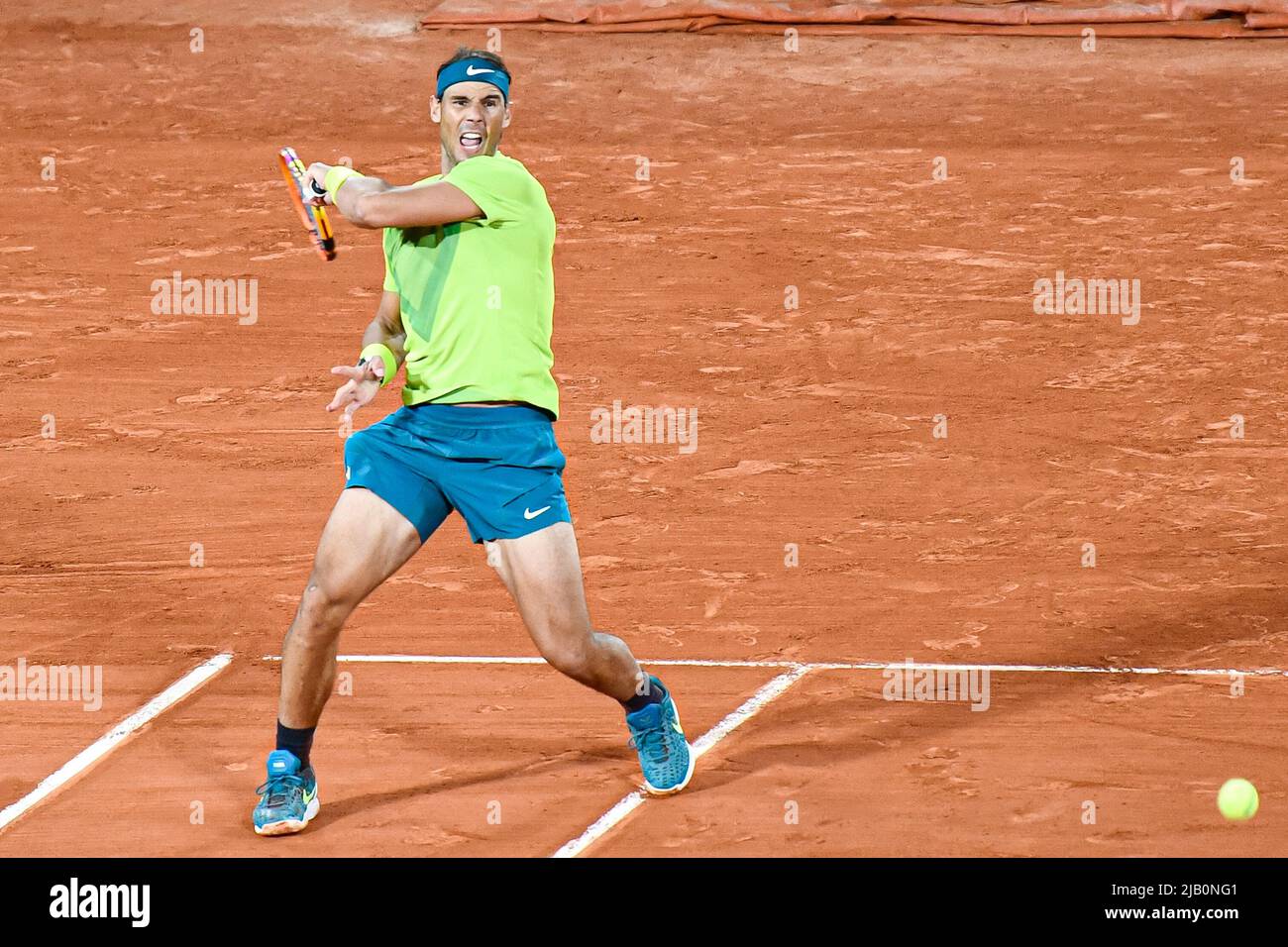 Paris, France. 31st May, 2022. Rafael Nadal of Spain during the French Open semifinal against Novak Djokovic, Grand Slam tennis tournament on May 31, 2022 at Roland-Garros stadium in Paris, France - Credit: Victor Joly/Alamy Live News Stock Photo