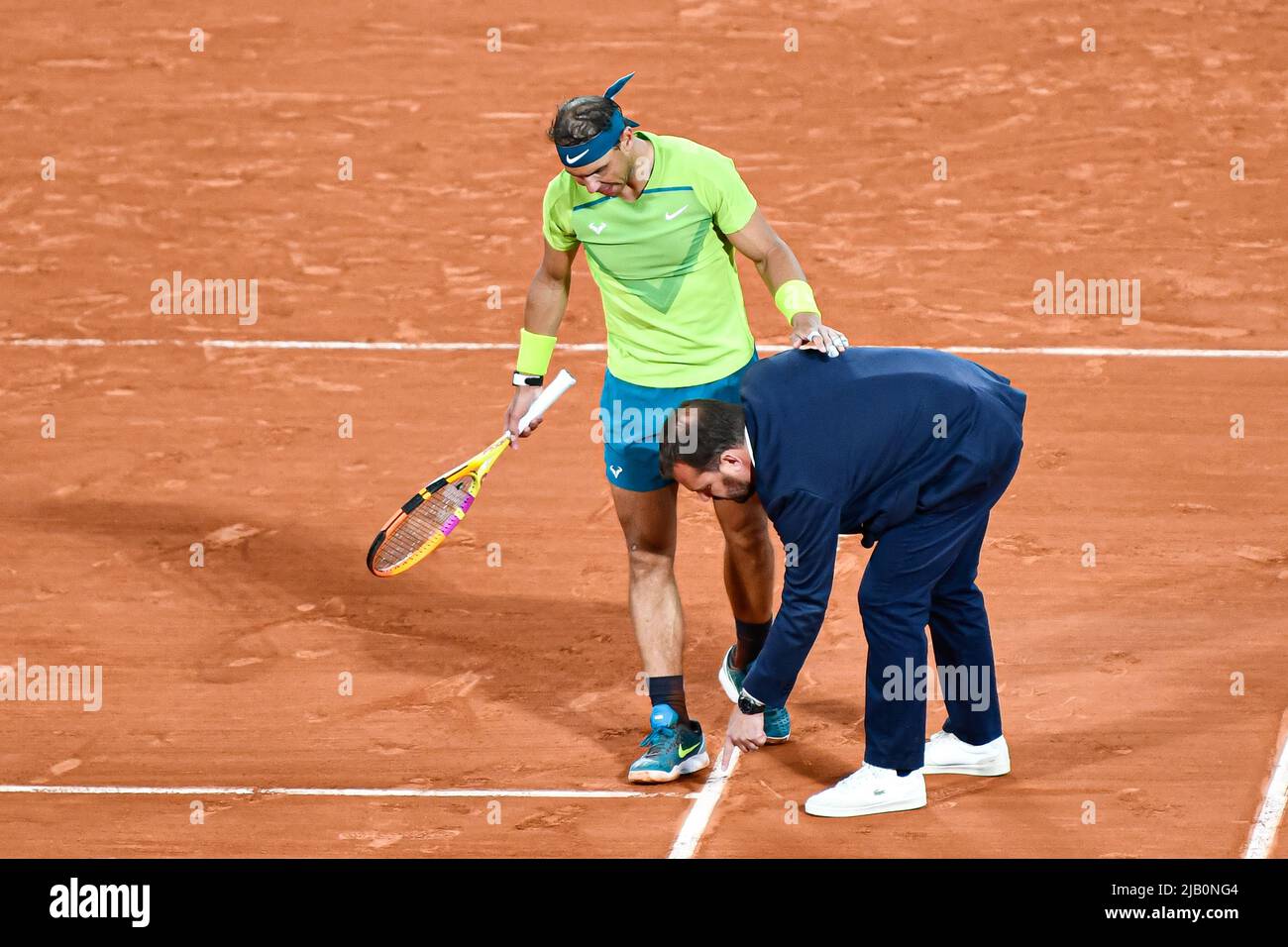 Rafael Nadal of Spain and the chair umpire during the French Open semifinal against Novak Djokovic, Grand Slam tennis tournament on May 31, 2022 at Roland-Garros stadium in Paris, France