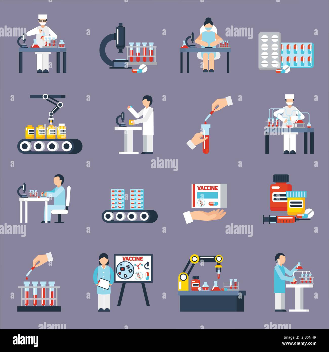 Pharmaceutical production icons set with research and science symbols flat isolated vector illustration Stock Vector