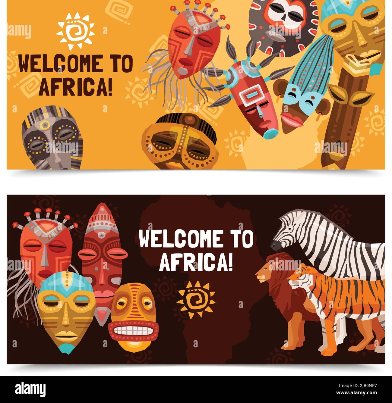 Colorful horizontal banners with african ethnic tribal ritual masks and ...