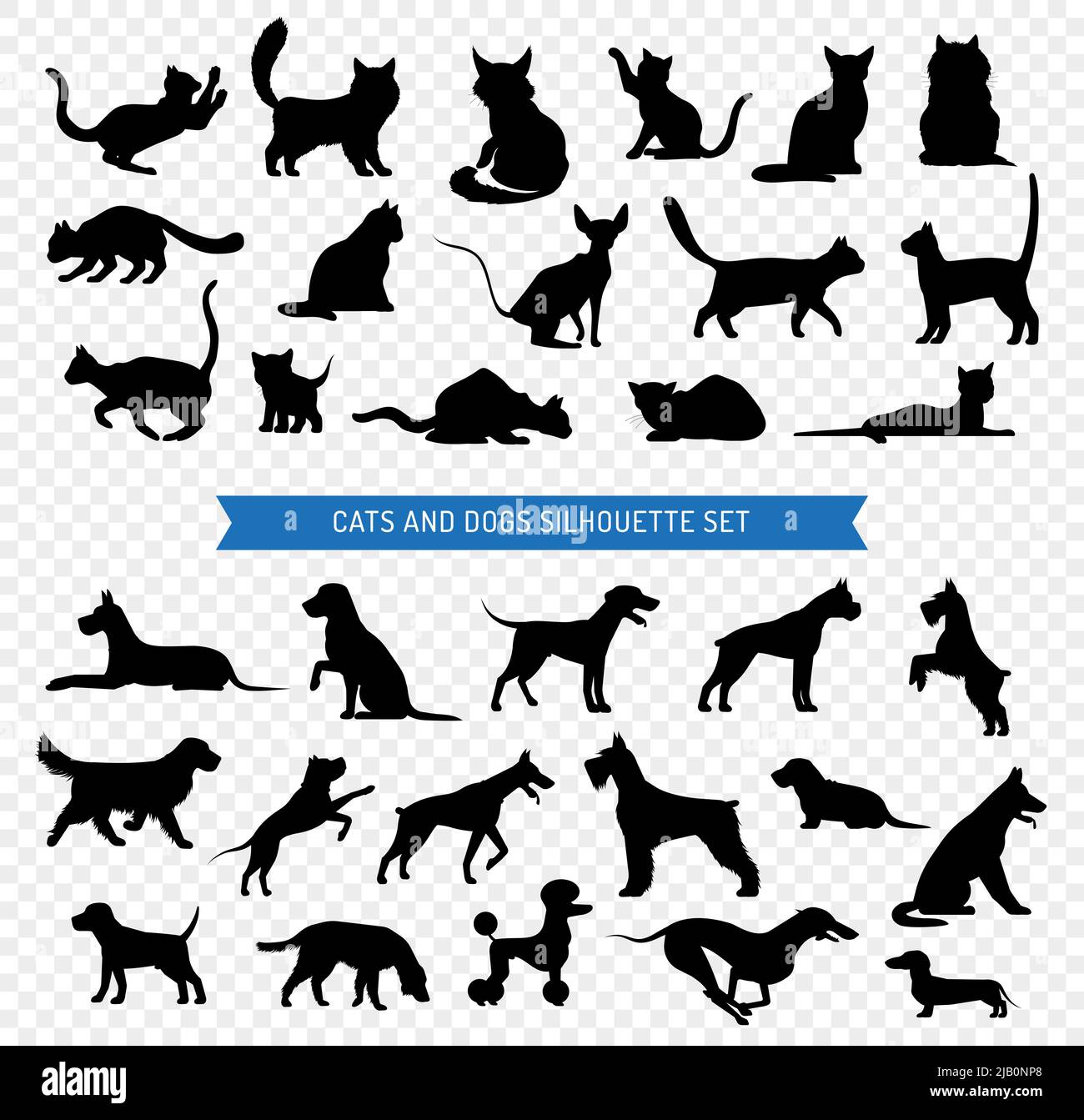 Black silhouette set of different breeds of dogs and cats on transparent background isolated vector illustration Stock Vector