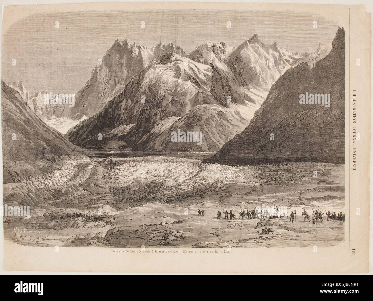 Trip of Emperor Napoleon III and Empress Eugenia to the glacier in September 1860 according to the Figure A. March. Sharpening with L'Illustration, Journal Universel probably from 1860 p. 181 Best, H. (n.n.), Marc, A. Stock Photo