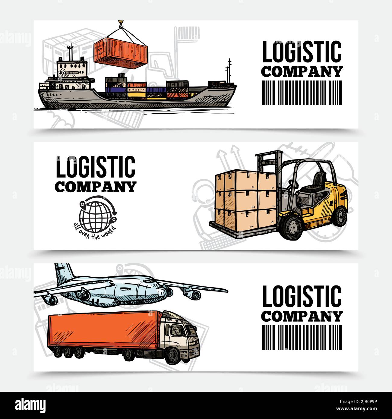 Logistics horizontal banners with different transport vehicles in hand drawn style vector illustration Stock Vector
