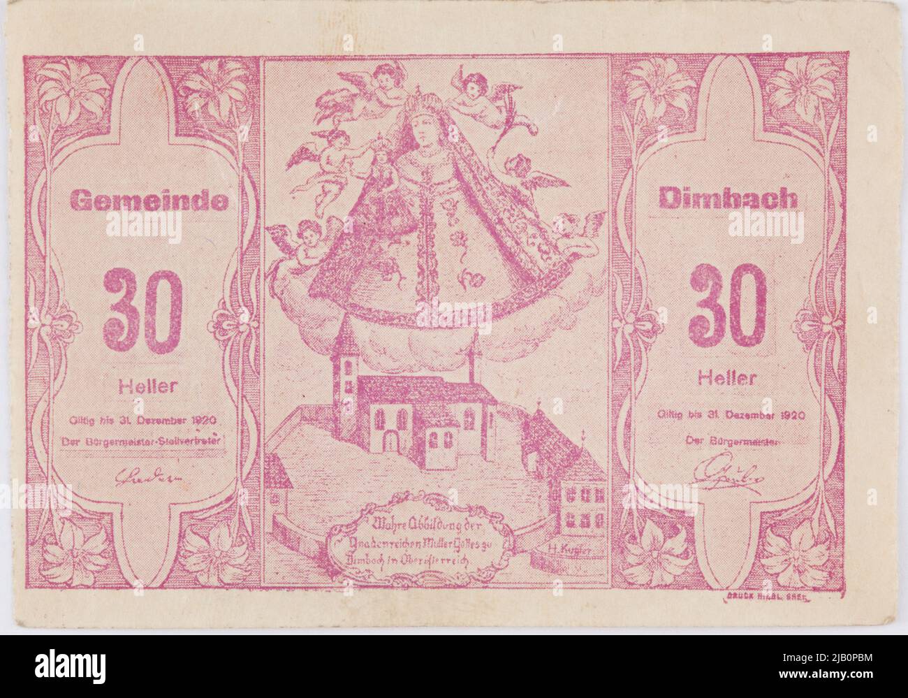 Replacement voucher for 30 Heller; Austria; Dimbach, W.D. 31.12.1920 Stock Photo