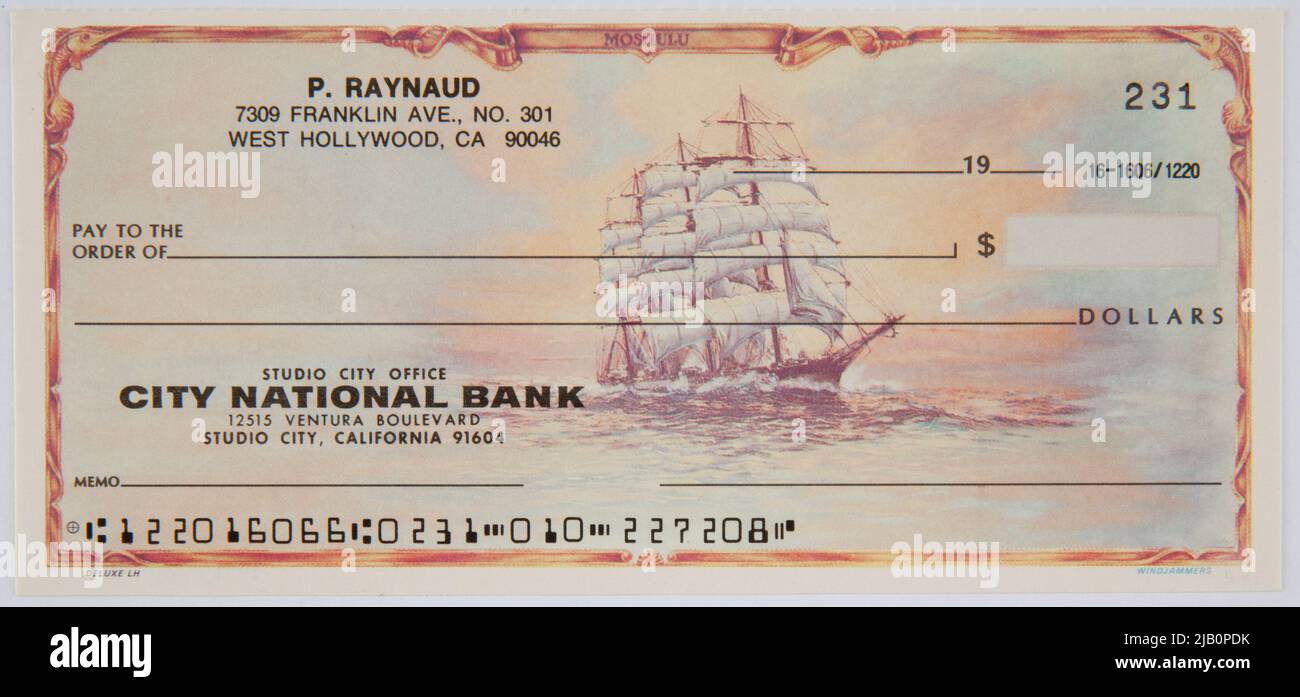 City National Bank bank check, U.S.A., B.R. (19 ), Blanktek Stock Photo