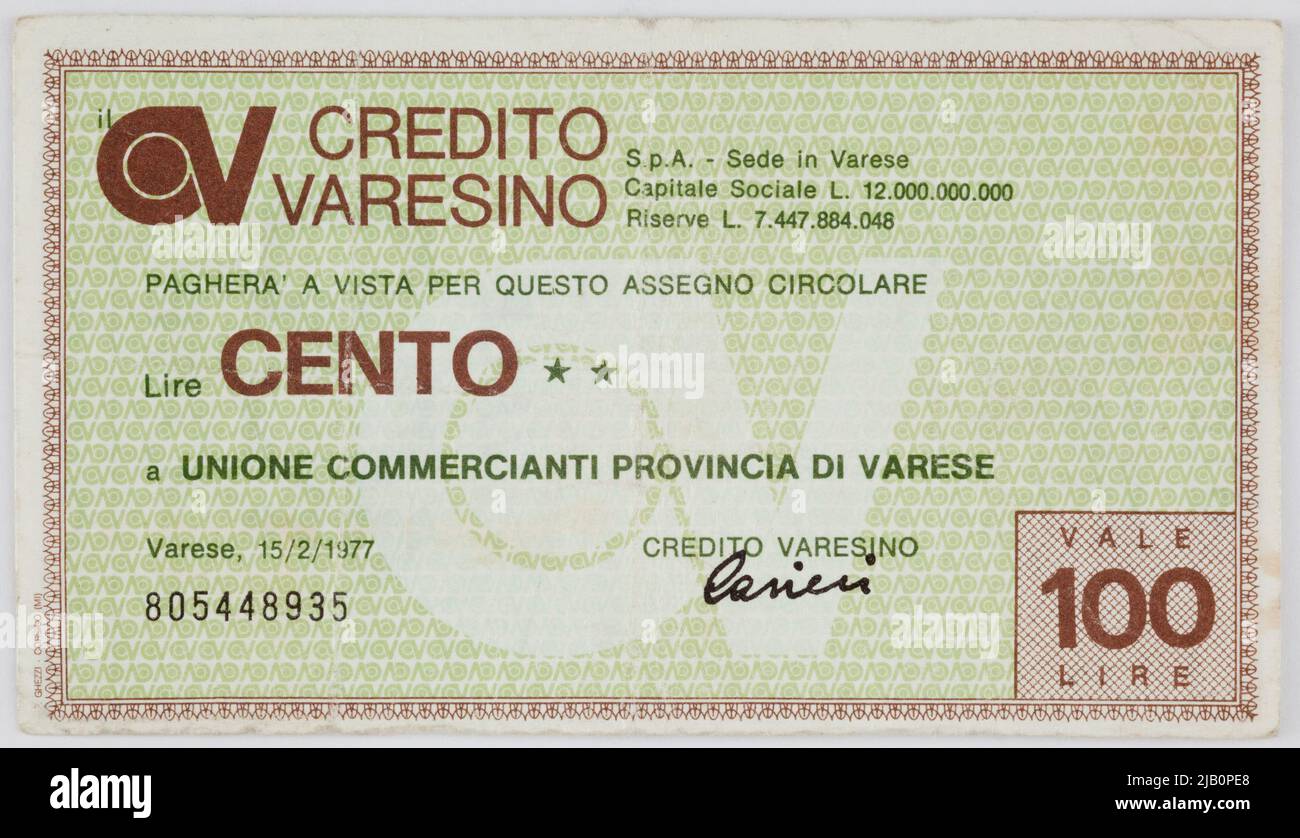 Banking (Circular check) for 100 lire, Banco di Sicilia, Italy, Turin,  2.04.1976. Siaca Graphic Arts Stock Photo - Alamy
