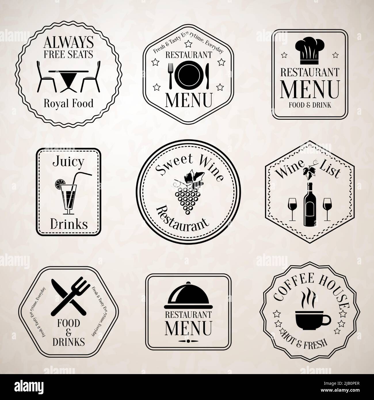 Restaurant menu food and drinks wine list black labels set with serving