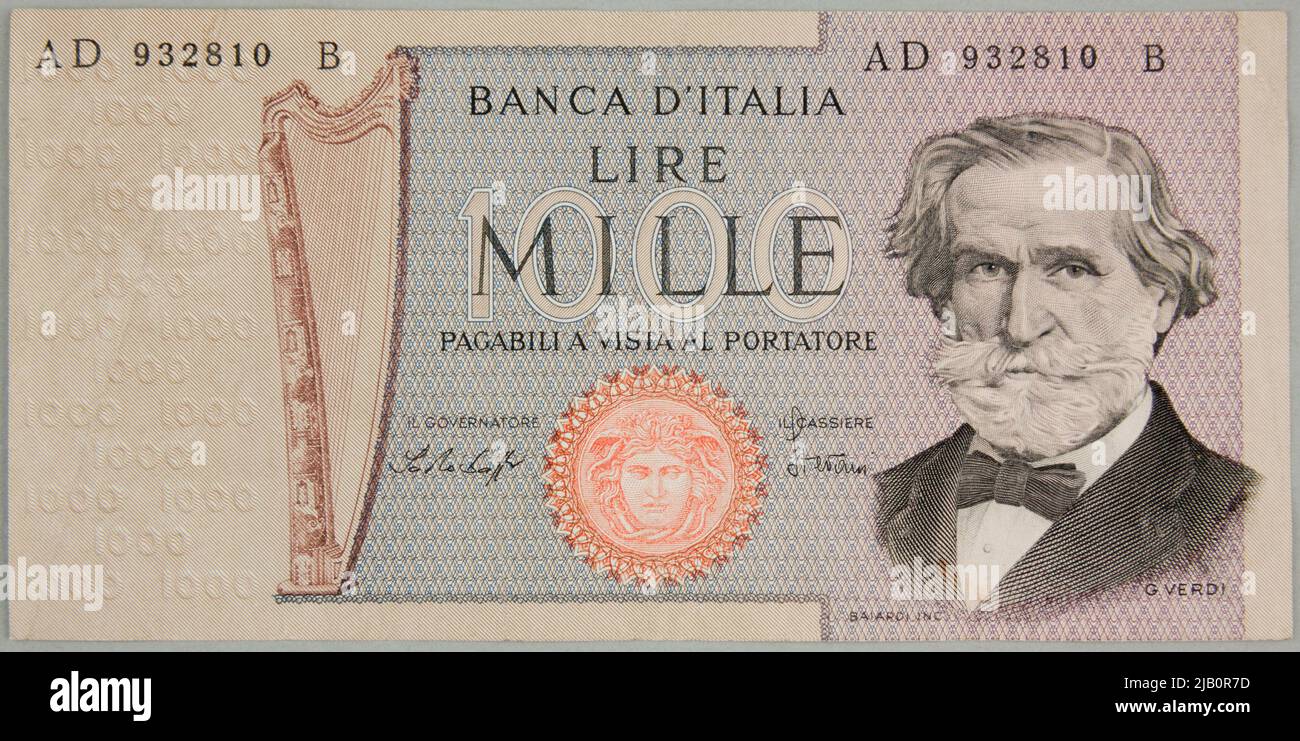 Banknote for 1000 lire; Italy, 10.05.1979 Bank's workshop, Rome Stock Photo