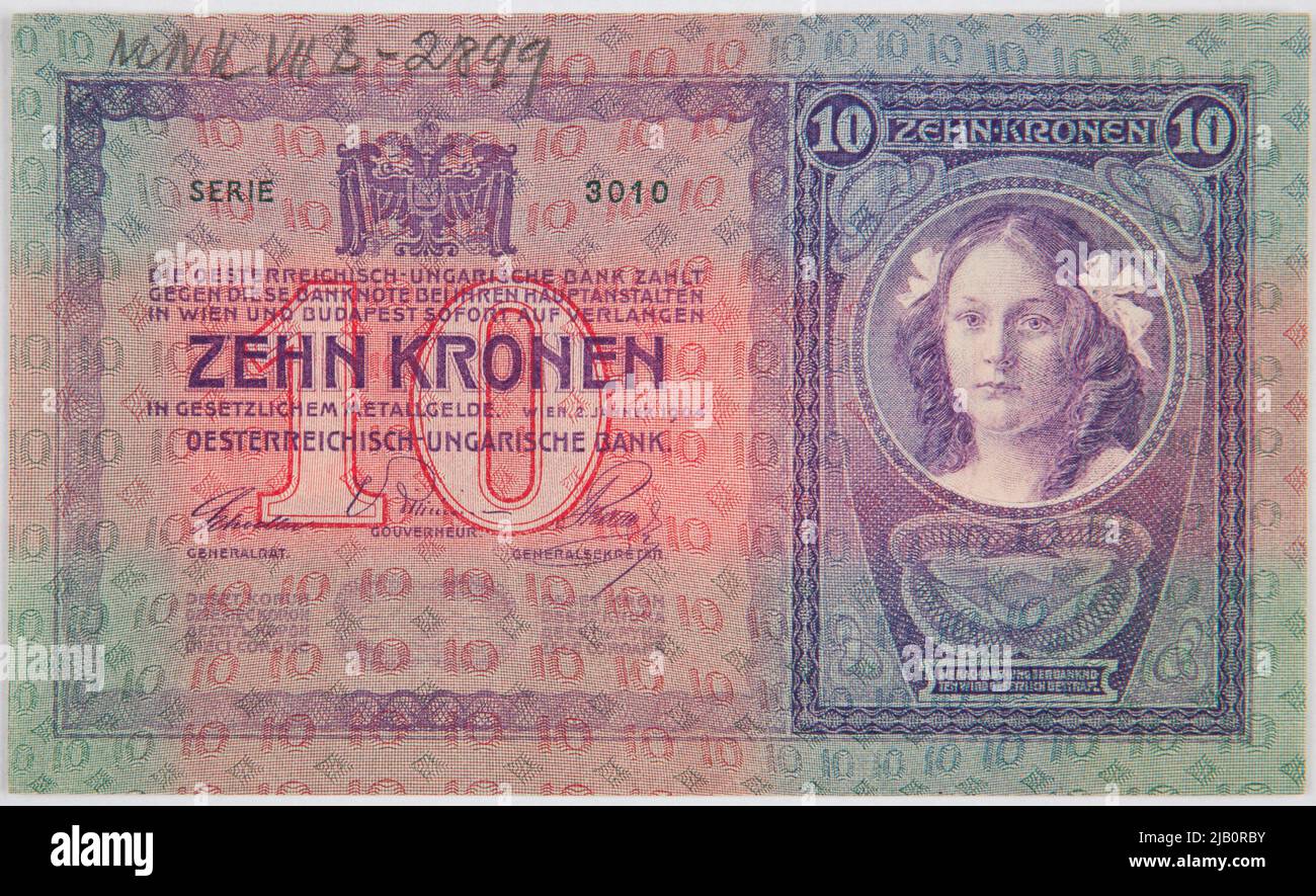 Banknote for 10 Crowns, Austrian Ungacian Bank, Austro Hungary, 2.01.1904 Mennica Wiede, Austrian Ungacian Bank Stock Photo