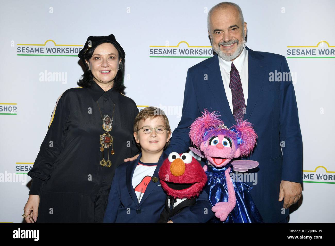 New York, USA. 01st June, 2022. Linda Rama (l), Prime Minister of Albania Edi  Rama and Zaho Rama pose with Sesame Street characters Elmo and Abby Cadabby  during the 2022 Sesame Workshop