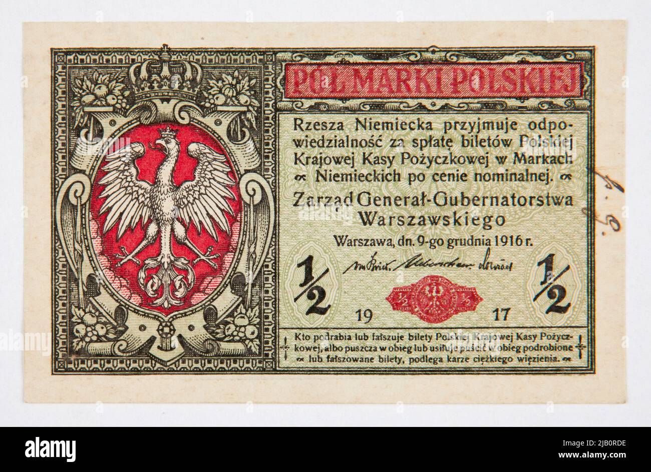 Banknote for 1/2 Polish marks, General Warsaw Government (1915–1918), Polish National Loan Fund, 9/12/1916/ 1917, Series II ( general ) Reichsdruckerei, Berlin, National Polish Fund Stock Photo