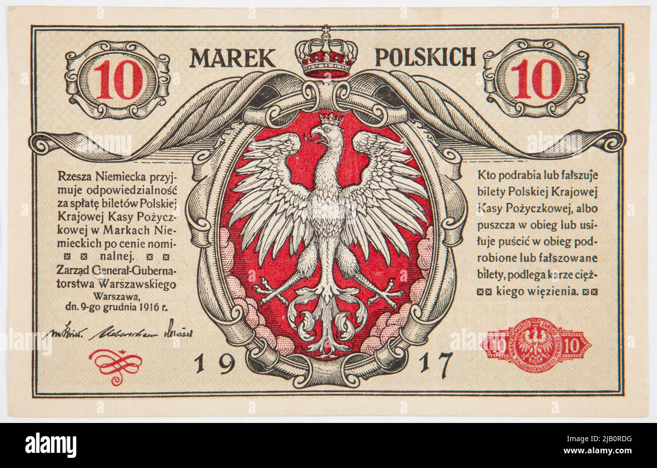 Banking for 10 Polish brands, Board of the Warsaw Government General, Polish National Loan Fund, 09.12.1916/ 1917 Polish National Cash Register, Reichsdruckerei, Berlin Stock Photo