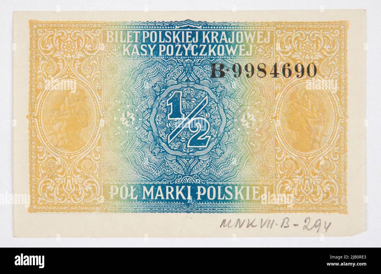 Banknote to 1/2 of the Polish brand, management board of the Warsaw Government, Polish National Loan Fund, 09.12.1916/ 1917 Domestic Polish cash register, Reichsdruckerei, Berlin Stock Photo
