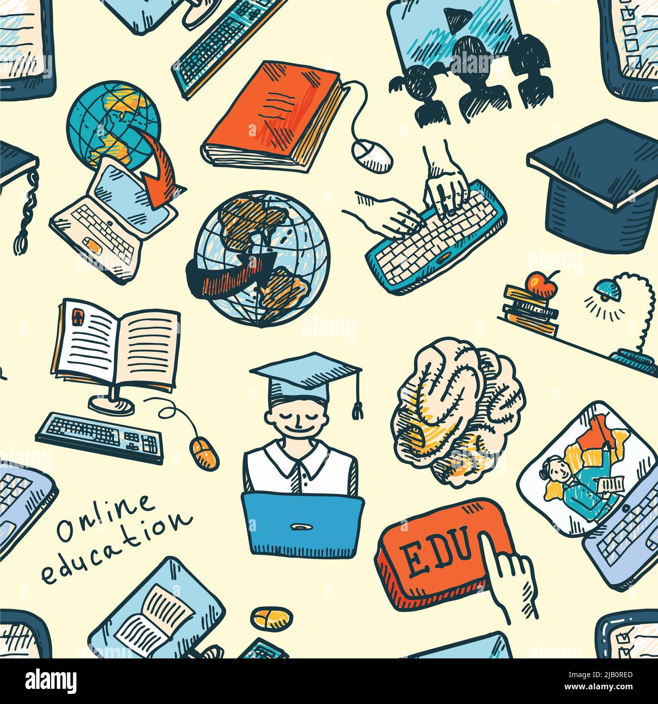 Colored online education graduation and e-learning seamless pattern vector illustration Stock Vector