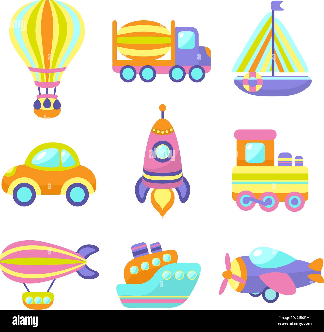 Toy transport cartoon icons set with train car plane isolated vector ...