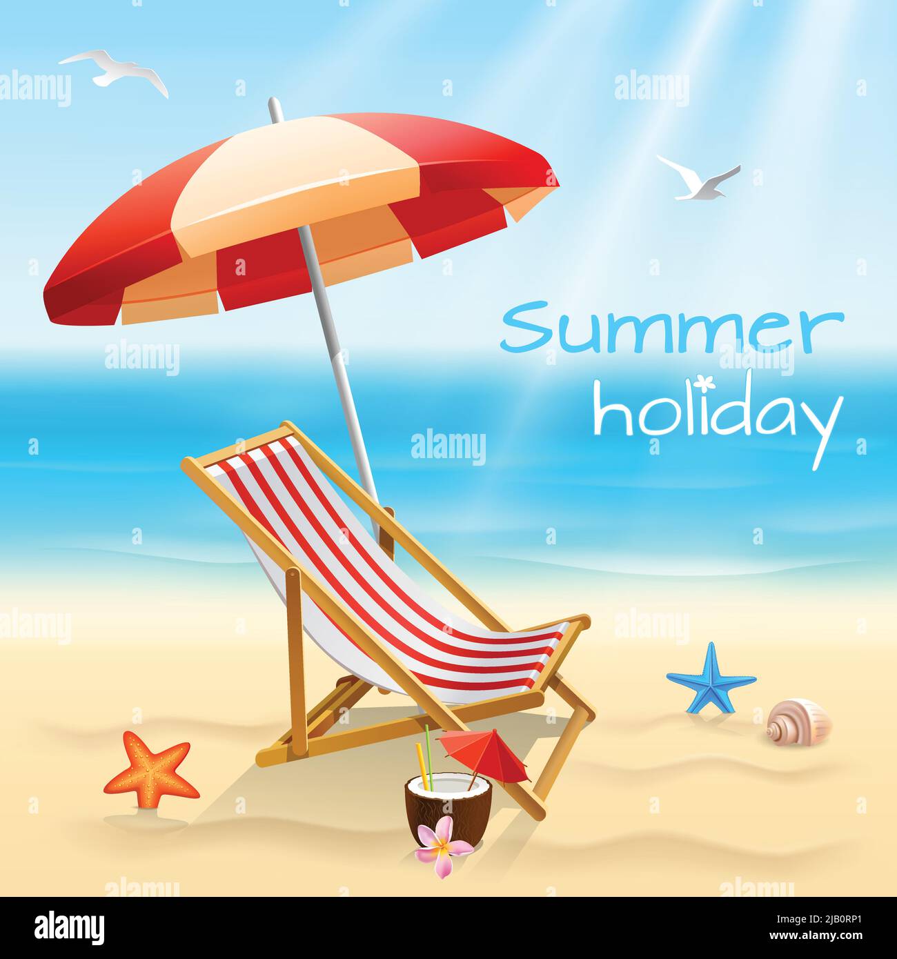 Summer holidays beach background poster with chair starfish and