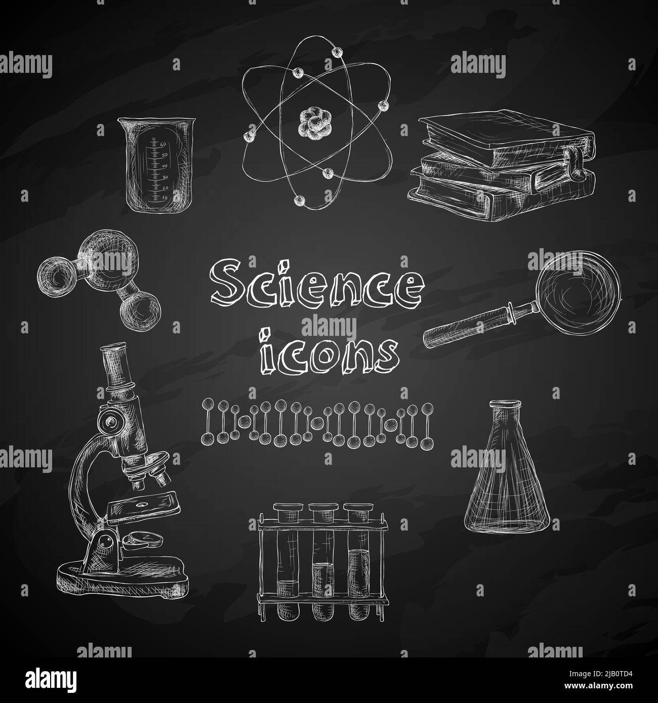 Science decorative chalkboard icons set with atom magnifier flask