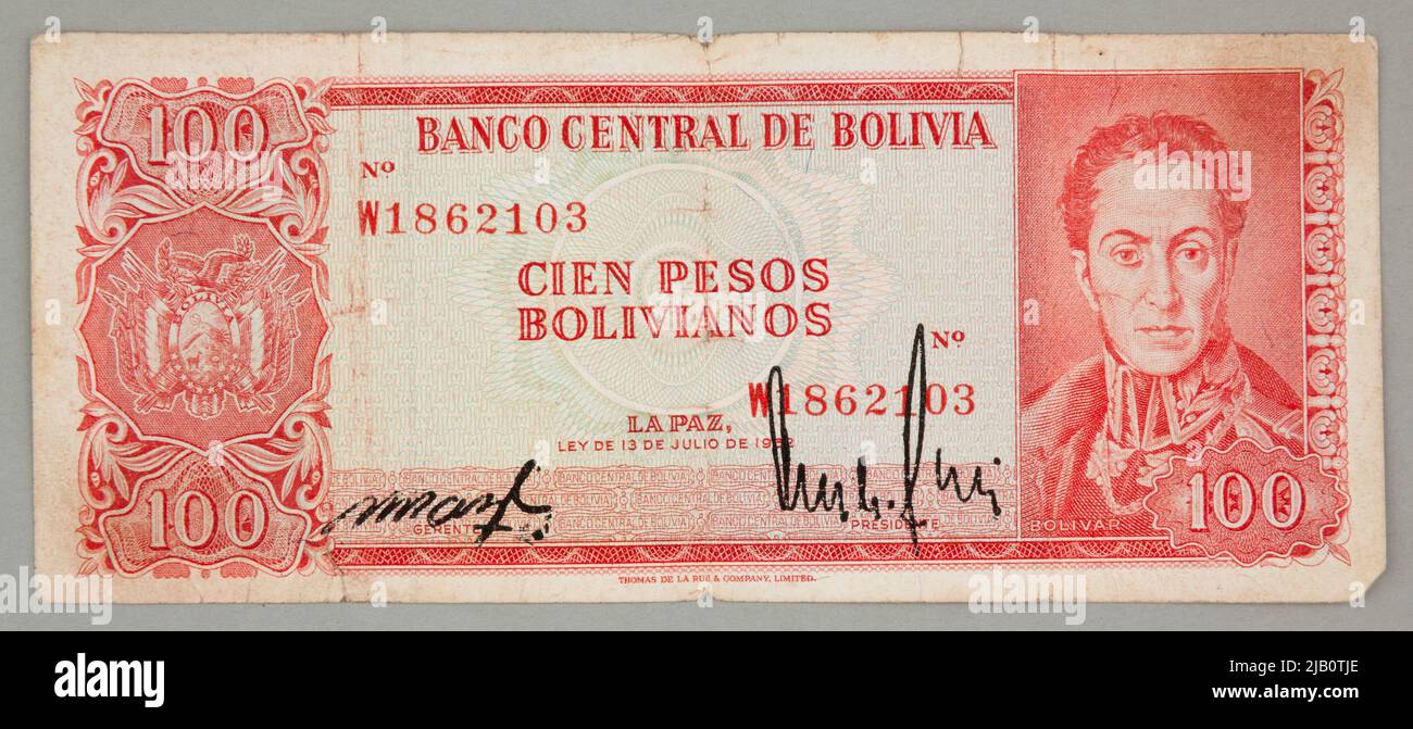 100 Bolivian pesos Banknote; Bolivia, February 13, 1962 Thomas de la Rue & Co LD London Stock Photo