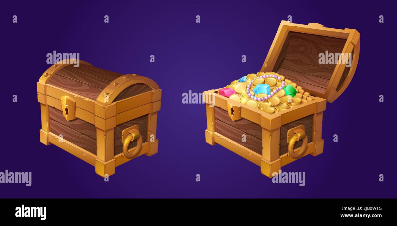 Treasure chest with gold coins and gems. Vector cartoon illustration of open and closed ancient wooden box with heap of money, jewelry and gemstones. Luxury old pirate treasure Stock Vector