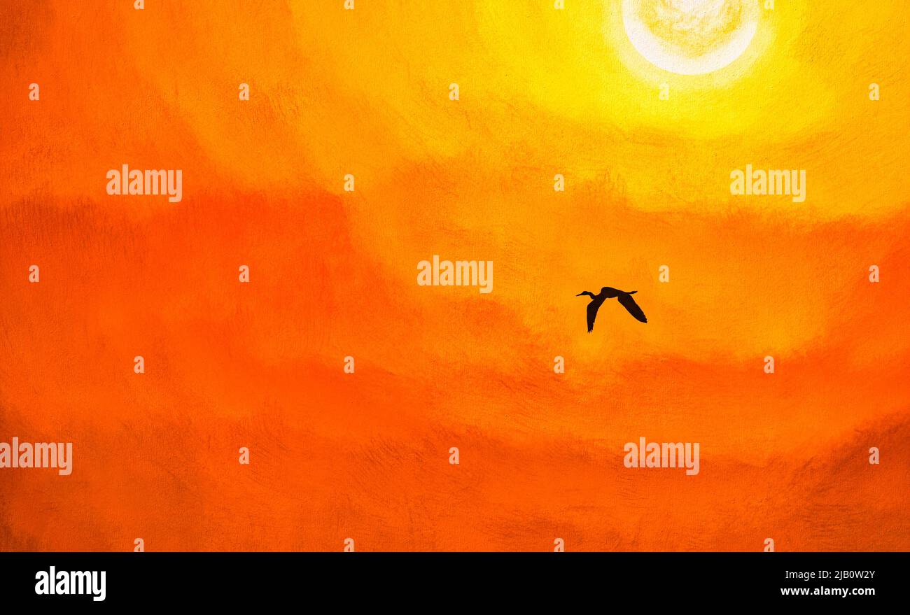 A Bird Silhouette Is Flying Against A Colorful Sky In A Illustration ...