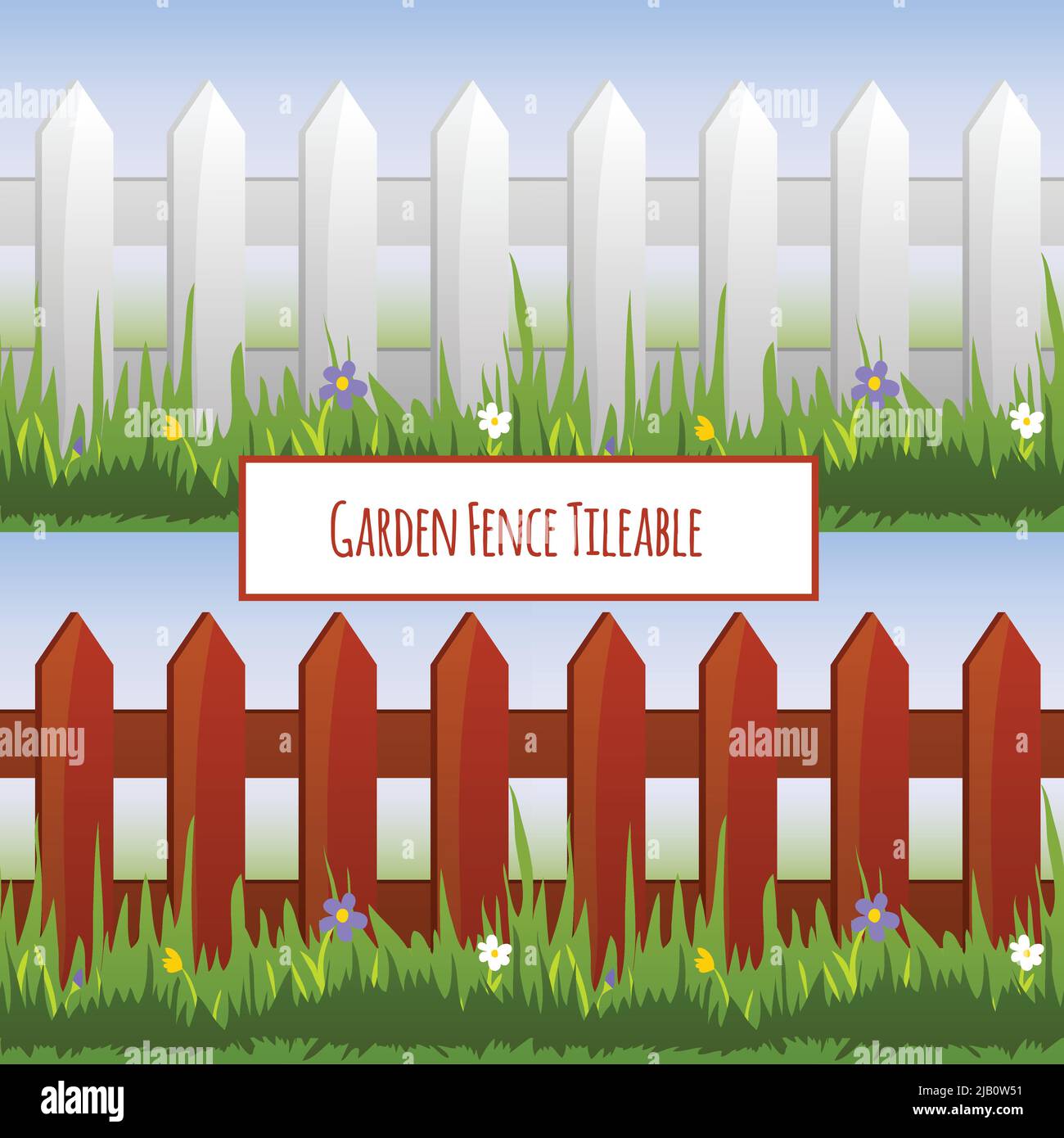 Garden fence with grass and daisy flowers tileable pattern vector illustration Stock Vector