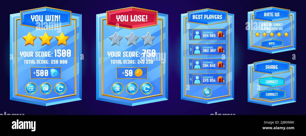 Game boards with win and lose banners, best players list, rate and share buttons. Vector cartoon set of blue glass gui elements, complete and failed level screens Stock Vector