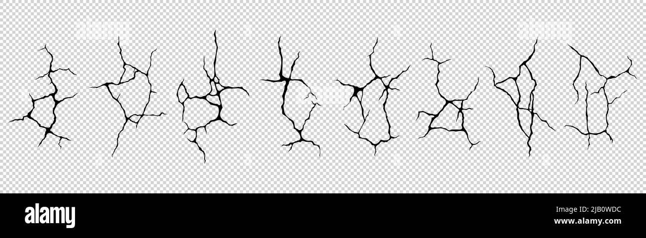 Ground cracks top view, earthquake cracking holes, ruined land surface crushed texture. Destruction, split, damage fissure effect after disaster isolated on transparent background. Realistic 3d vector Stock Vector