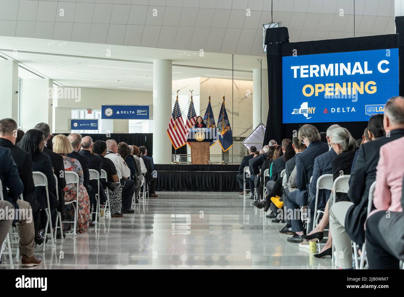 New York, New York, USA. 1st June, 2022. Governor Kathy Hochul announces completion of LaGuardia airport Terminal C . Terminal C has been built specifically for Delta Airlines. New terminal has 37 gates and the largest Delta Sky Club in the country. (Credit Image: © Lev Radin/Pacific Press via ZUMA Press Wire) Stock Photo