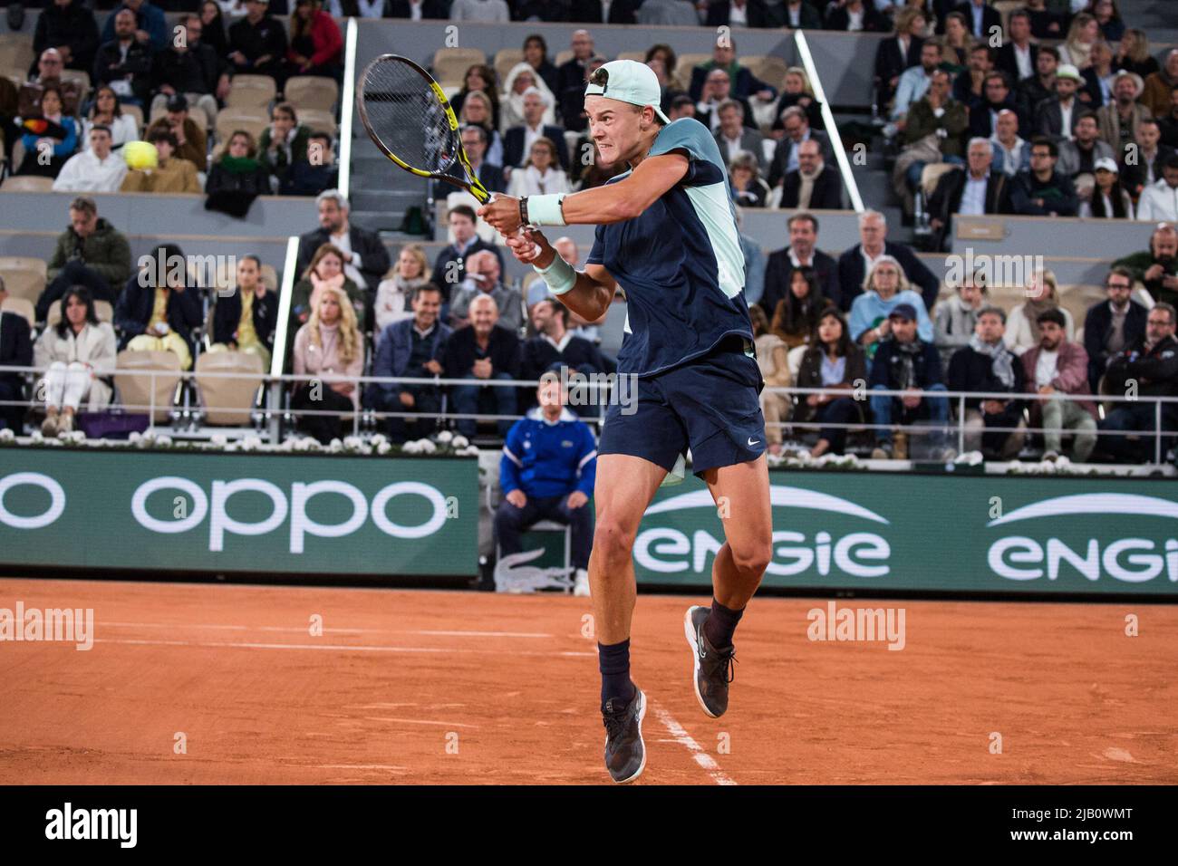 Holger Rune plays his quarter-final match during the French Open Tennis ...