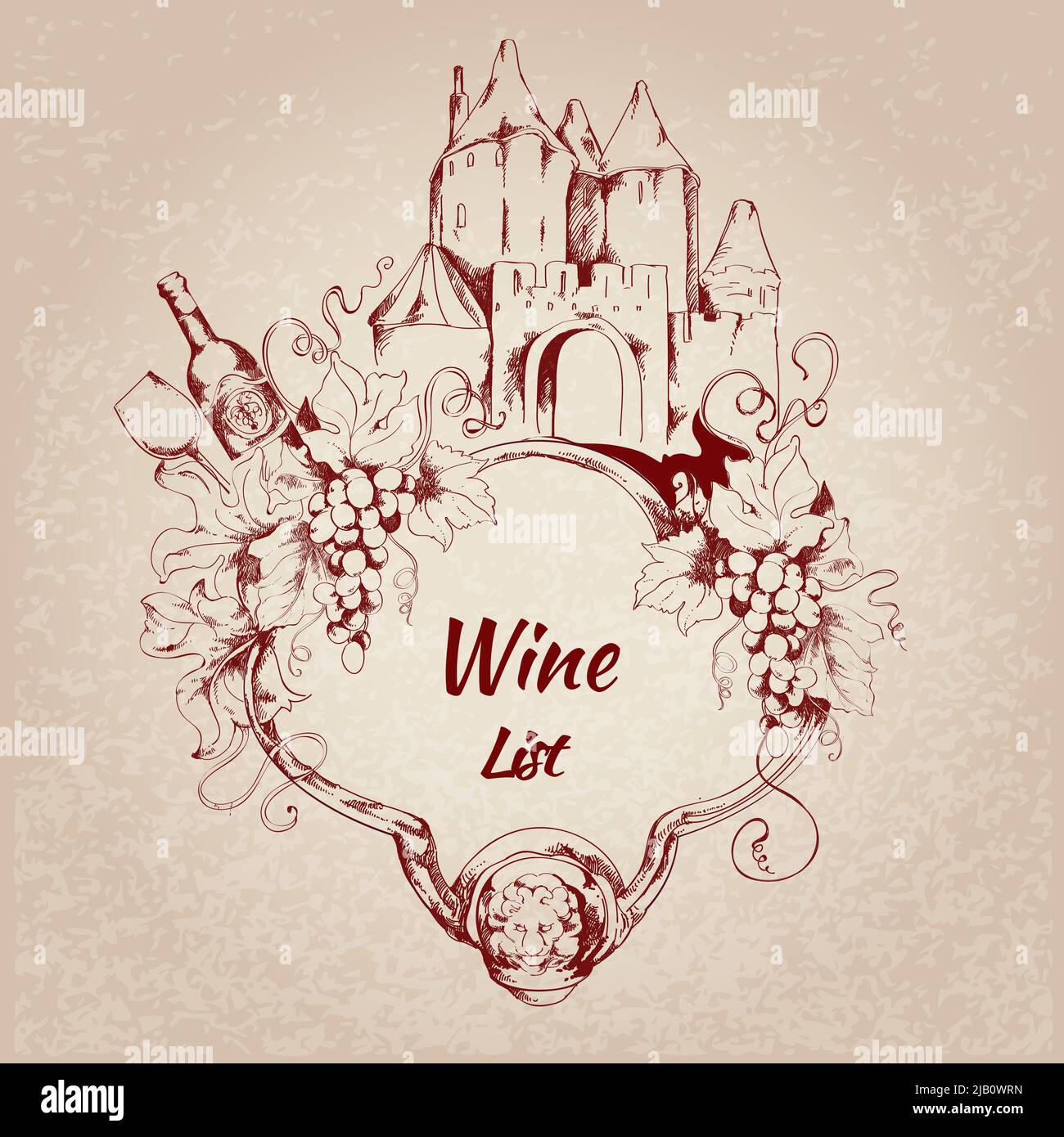 Wine restaurant list card with grape house bottle elements vector