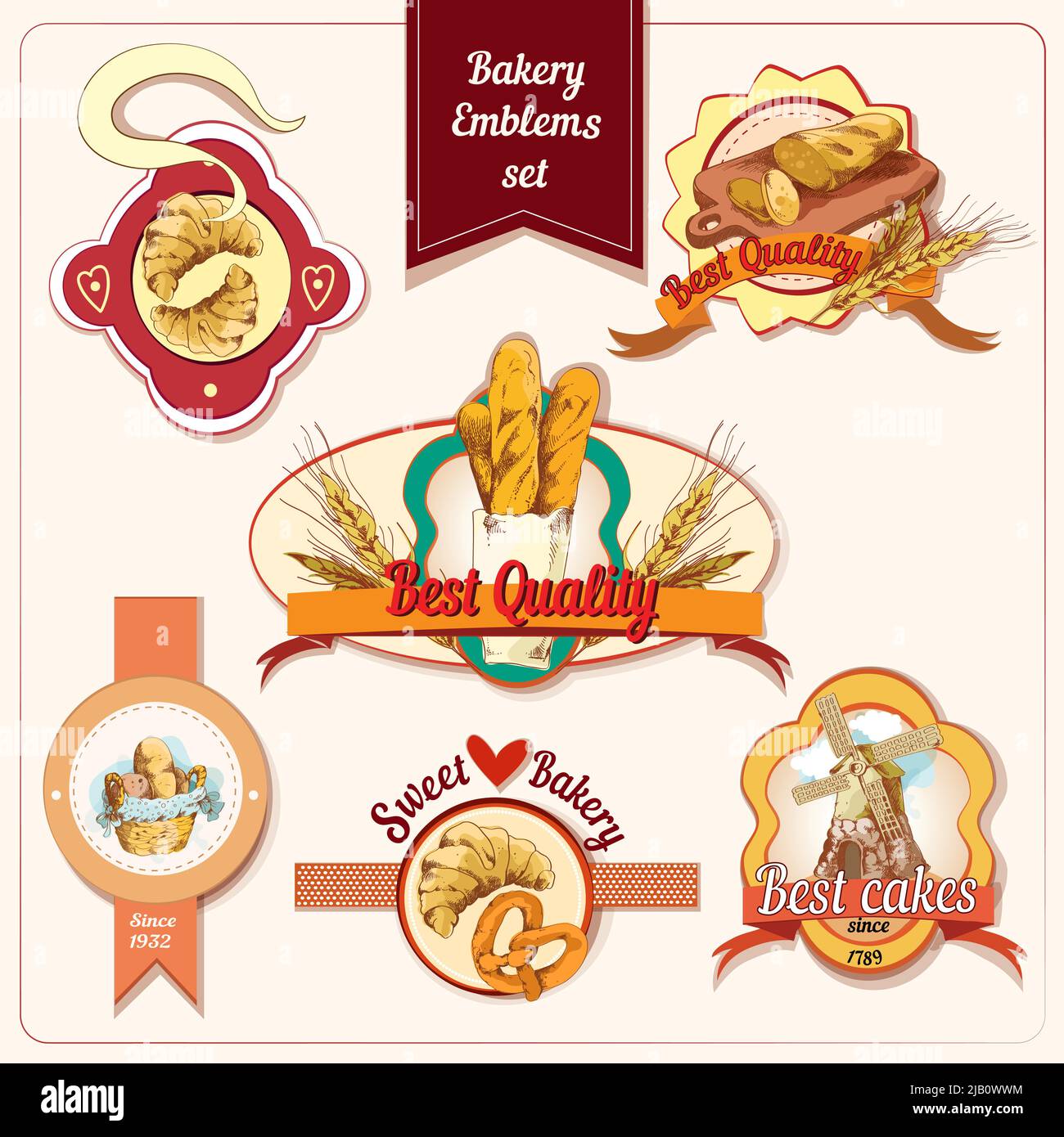 Best quality sweet bakery bread and pastry food emblems set vector ...