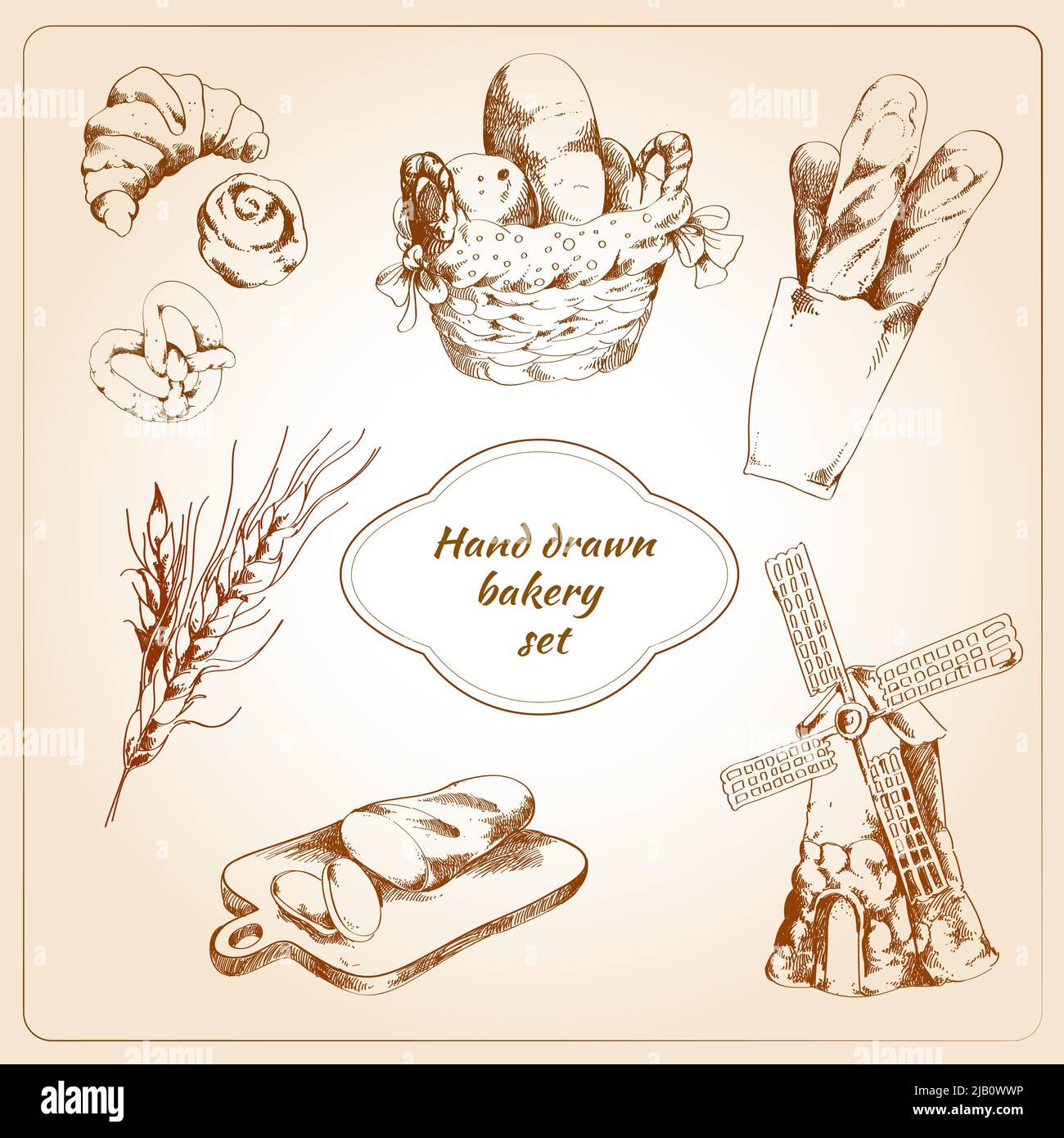 Bakery bread and pastry food hand drawn icons set isolated vector ...