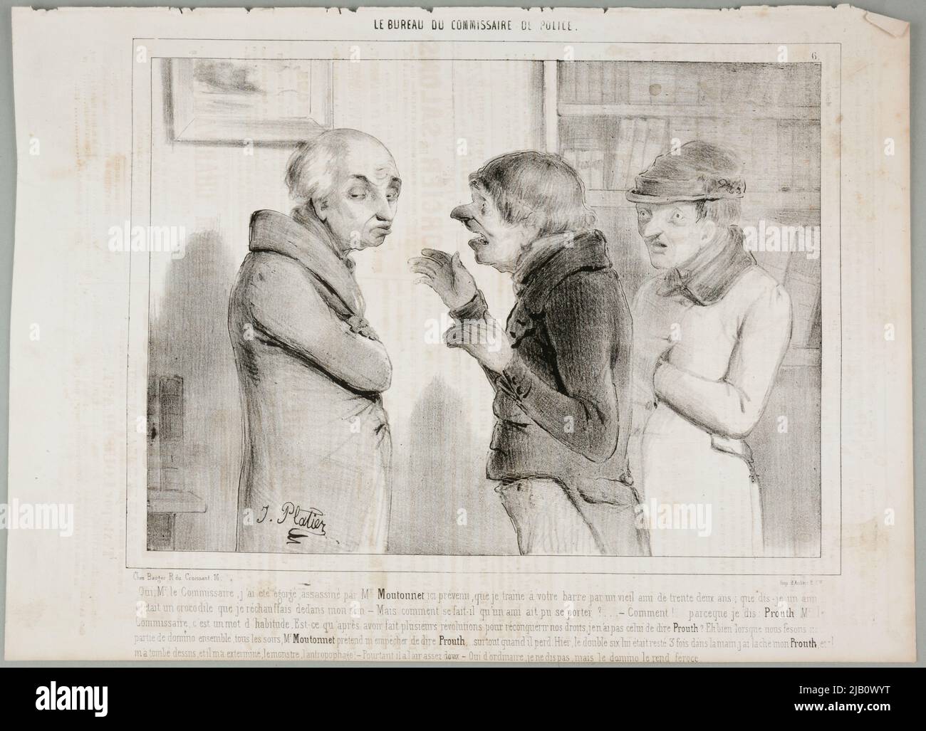 Yes m the commissioner, I have been culled, assassinated by  who from computer, I do not disappear, but the domino makes him ferocious , litografia z serii the office of the police commissioner w: the charivari Aubert et Cie (Fl. CA 1840 1860), platier, Jules (Fl. CA 1840 1850) Stock Photo