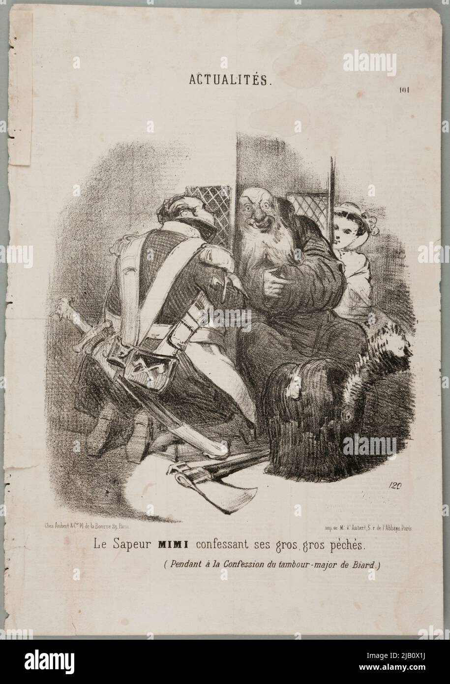 The Mimi sapper confessing his big, big pèchès , litografia z serii news w: the charivari Vernier, Charles (1831 1887), Aubert et Cie (fl. ca 1840 1860), Imp. Me. Ve. Aubert (fl. 1847 1868) Stock Photo