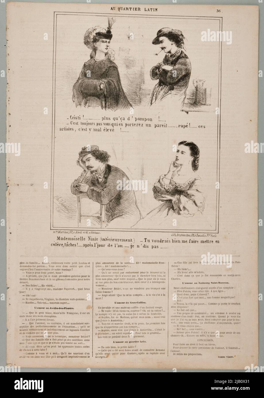 Cristi! [] ; Mademoiselle Nina []  two satirical compositions on one card, lithography from the series Au Quartier Latin, in: Le Charivari Vernier, Charles (1831 1887), lith. Destouches (Fl. 1853 1869), Maison Martinet Stock Photo