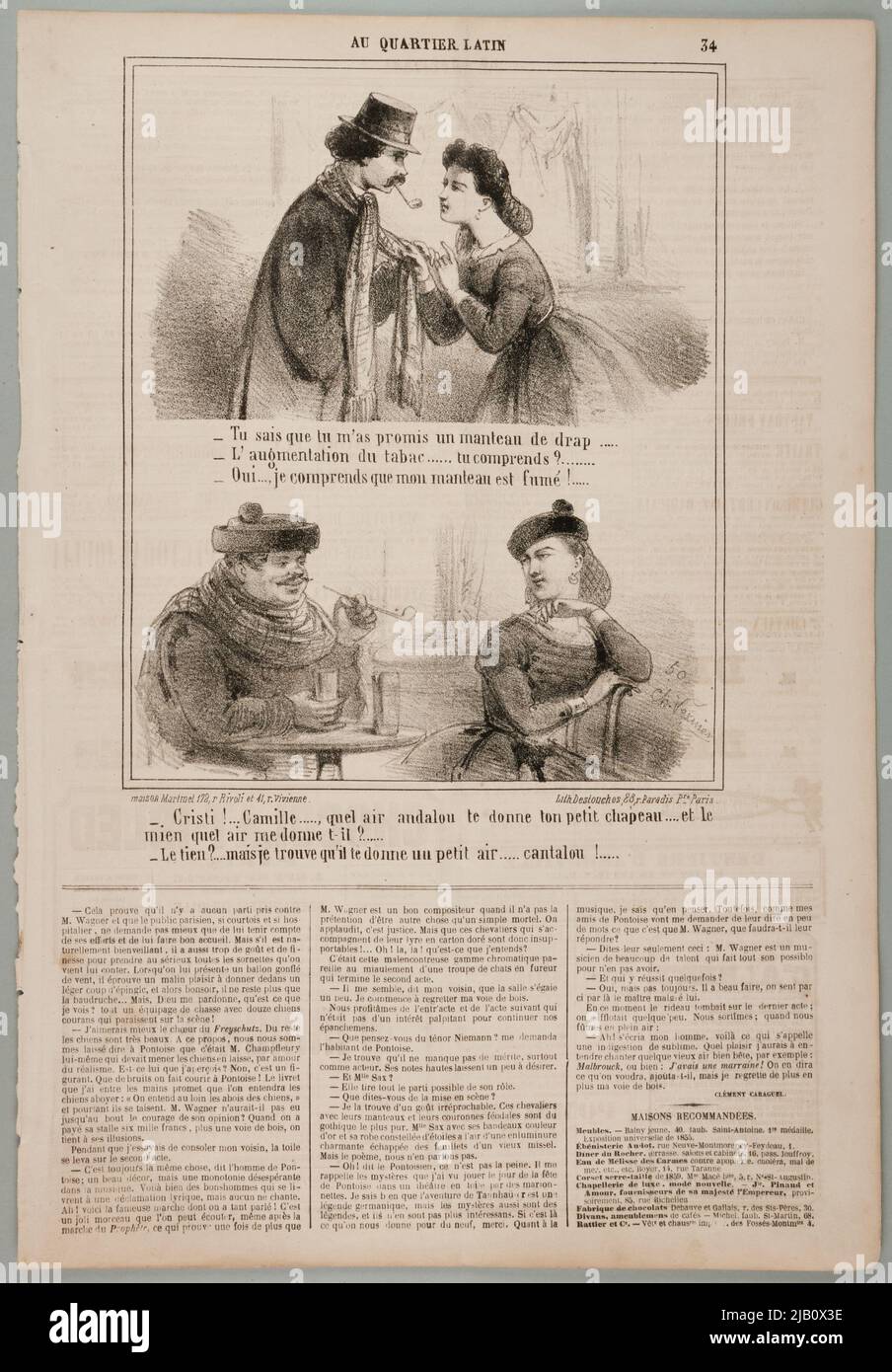 Here know that you promised me [] and Cristi! , Camille , what Andalusian air []  Two satirical compositions on one card, lithography from the series in the Latin district in: Le Charivari Vernier, Charles (1831 1887), lith. Destouches (Fl. 1853 1869), Maison Martinet Stock Photo