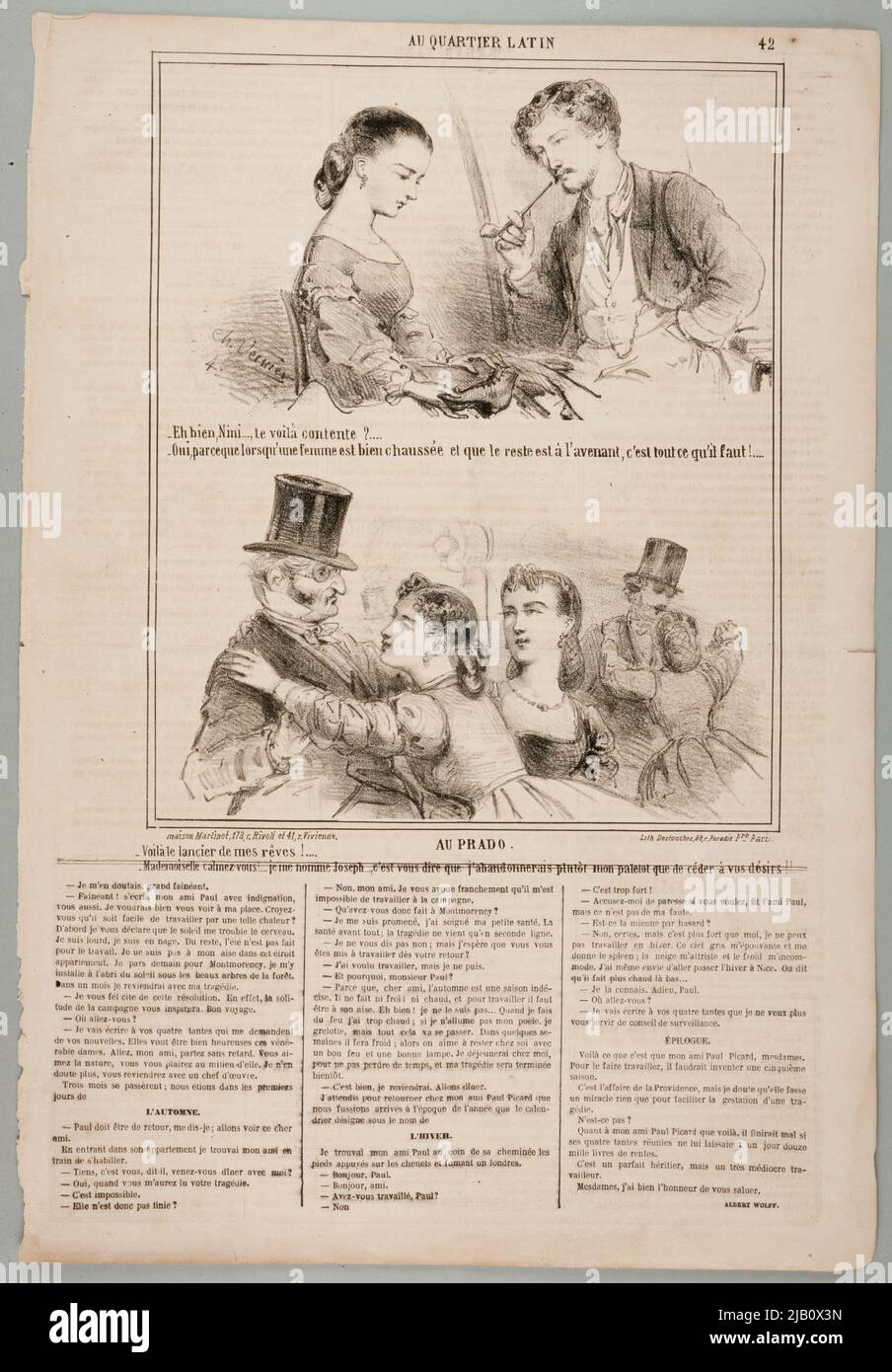 Two satirical compositions on one card: from the series Au Quartier Latin, No. 42 and Au Prado, in: Le Charivari Vernier, Charles (1831 1887), lith. Destouches (Fl. 1853 1869), Maison Martinet Stock Photo
