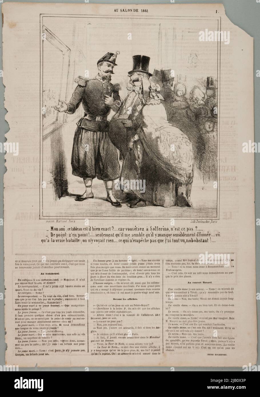 My friend, is this table correct , litografia z serii at the living room of 1861 W: Le Charivari Vernier, Charles (1831 1887), lith. Destouches (Fl. 1853 1869), Maison Martinet Stock Photo