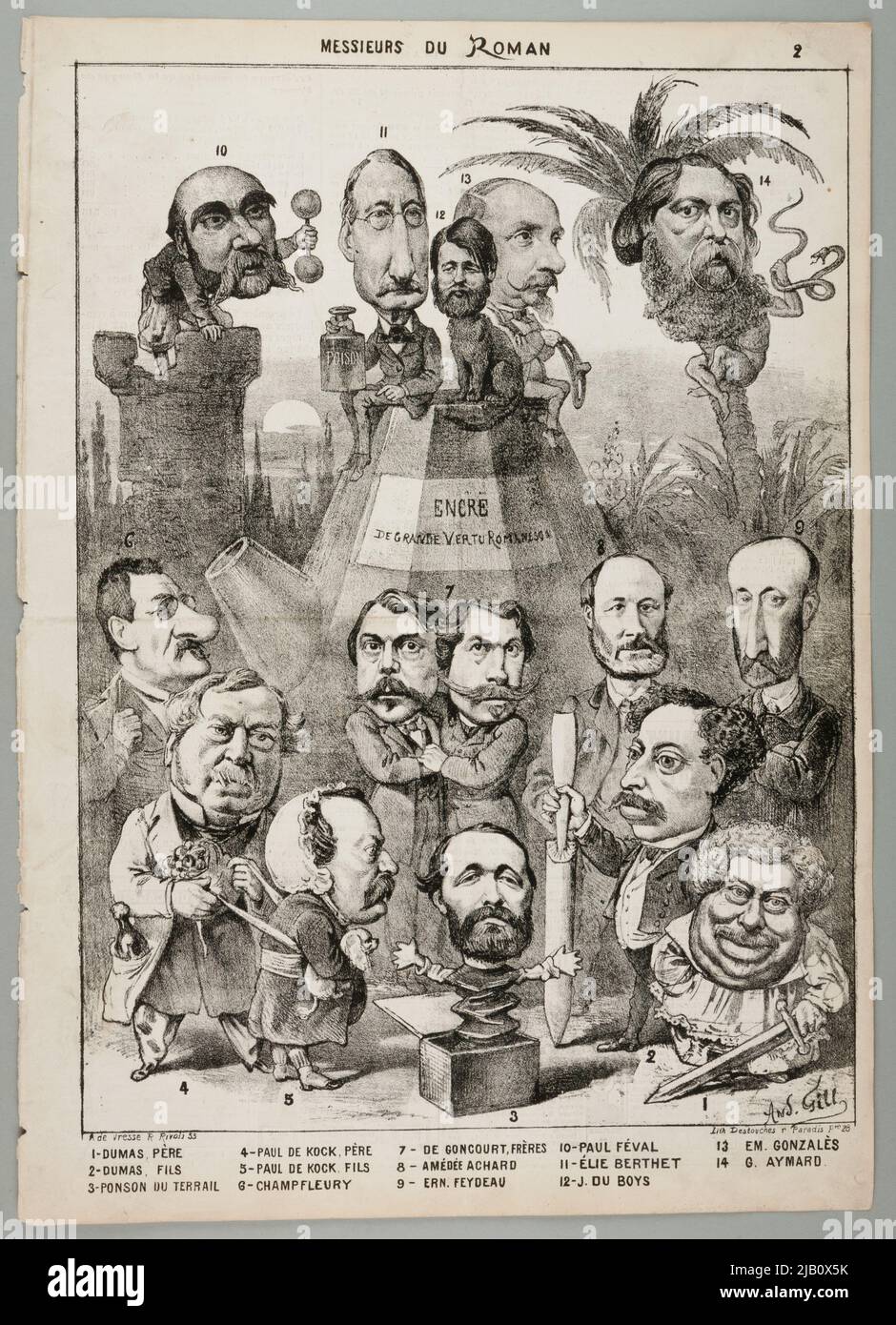 Caricatures of writers, lithography from the series Messiors du Roman in: Le Charivari Gill, André (1840 1885), Lith. DESTIFUES (Fl. 1853 1869), ERRESS, Arnalar, Arnauld The (18 .. 3. Were Xix w. Stock Photo