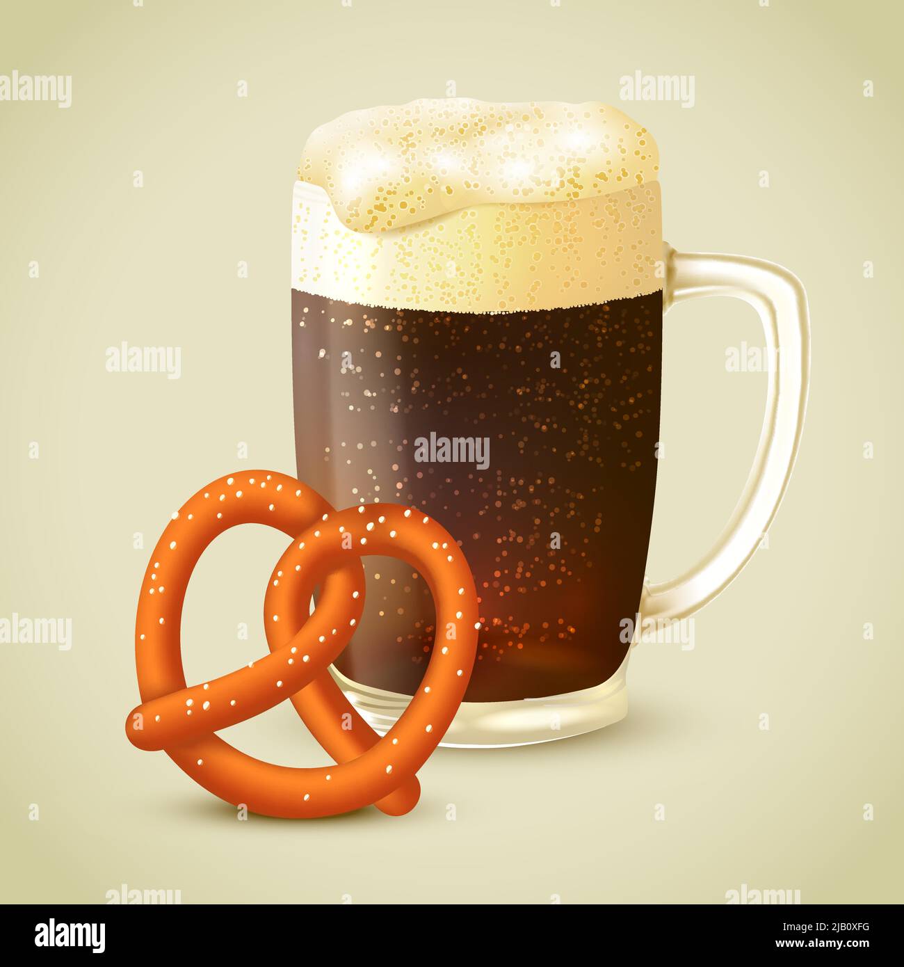 Glass mug of cold dark porter stout beer with froth and salt pretzel