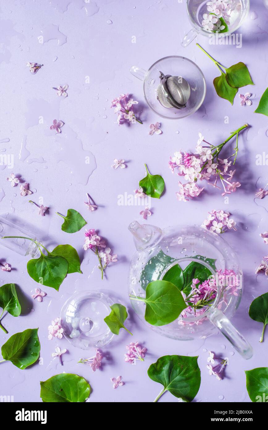 Teatime lilac flat lay, pastel colors, spring theme Stock Photo