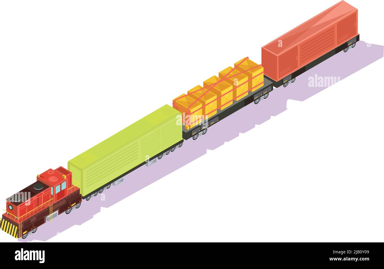 Trains isometric set of freight train with goods and cattle cars on blank background with shadows vector illustration Stock Vector