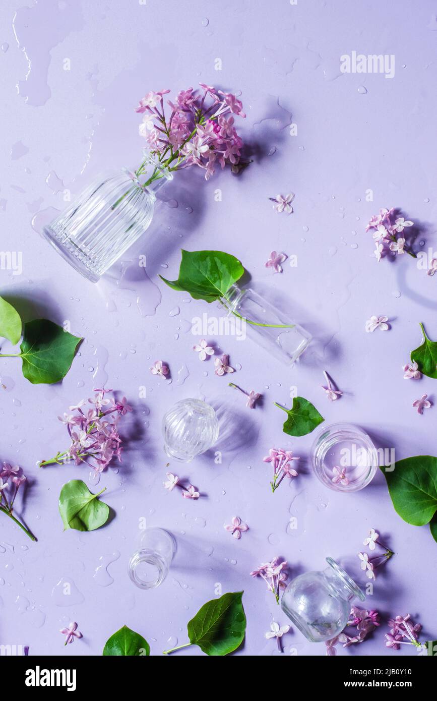 Glass bottles with lilac flowers, pastel colors flat lay, violet still life from above Stock Photo